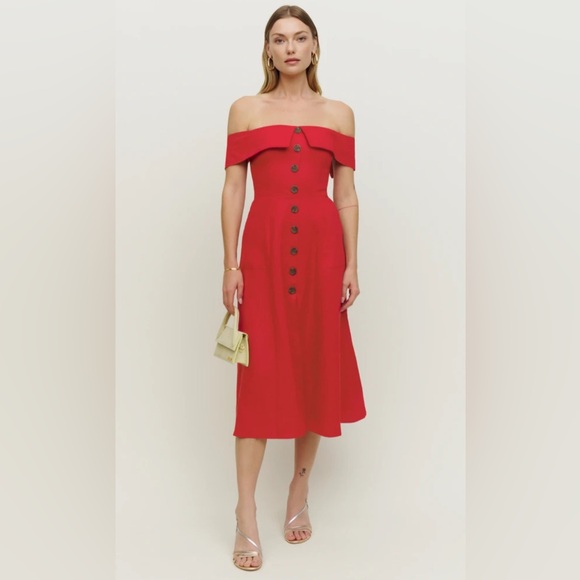 Reformation Adriel Linen Midi Dress, Red, Size 8 - Picture 1 of 13
